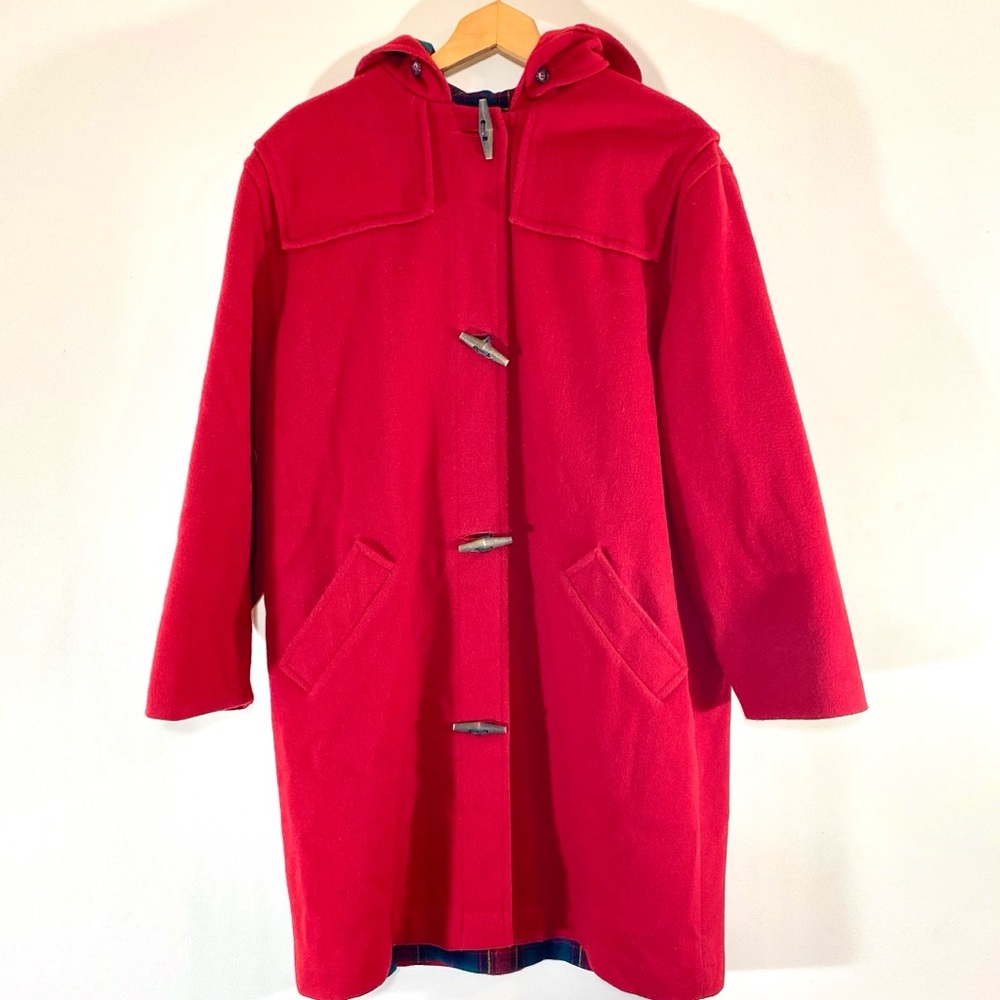 VIntage 80s LL Bean Red Wool Plaid Lined Duffle Coat Overcoat